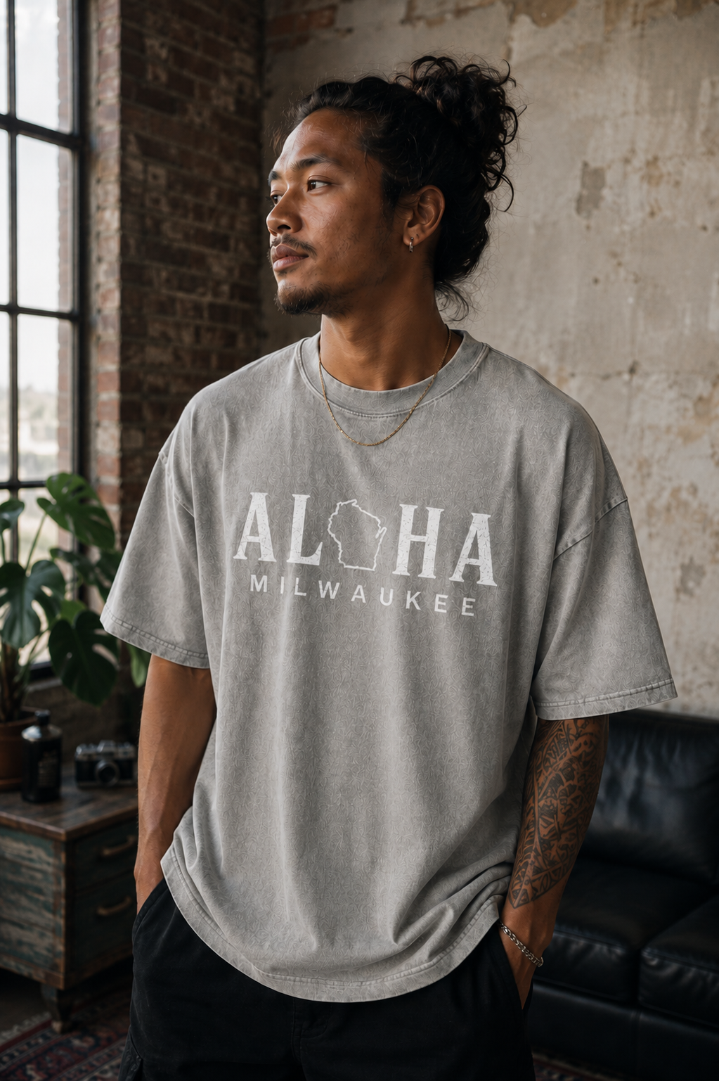 Aloha Milwaukee Vintage Snow Wash Oversized T-Shirt (mist grey)