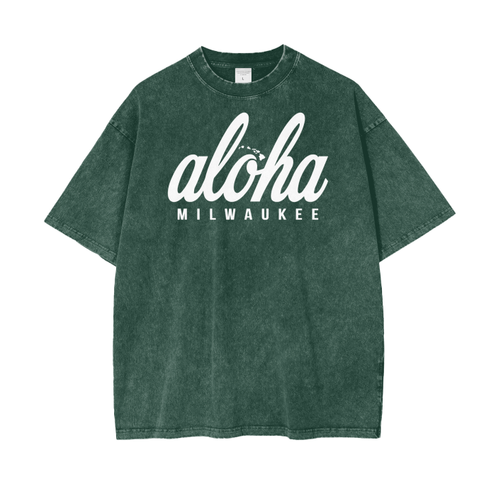 aloha,milwaukee,mke,tee,t-shirt,stone wash,oversized,green